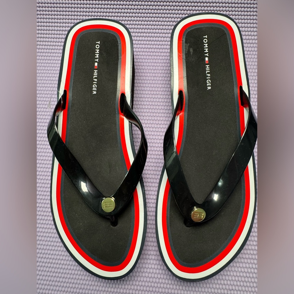 Tommy Hilfiger Black and Red Striped Flip Flops